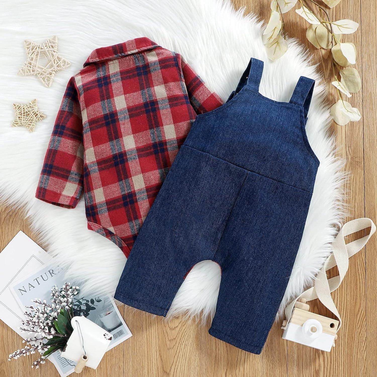 ODASIRA Baby Boy Clothes Infant Outfits Long Sleeve Plaid Bodysuit Romper + Jeans Overalls Jumpsuit Pants Sets - Image 3